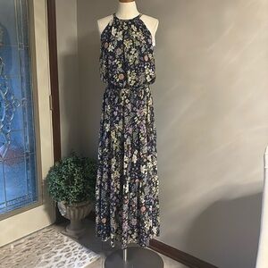 R&K halter garden floral print long wedding guest dress smocked waist full flow